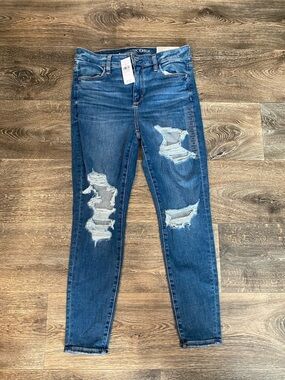 American Eagle Outfitters Distressed Skinny Jeans - Dark Blue